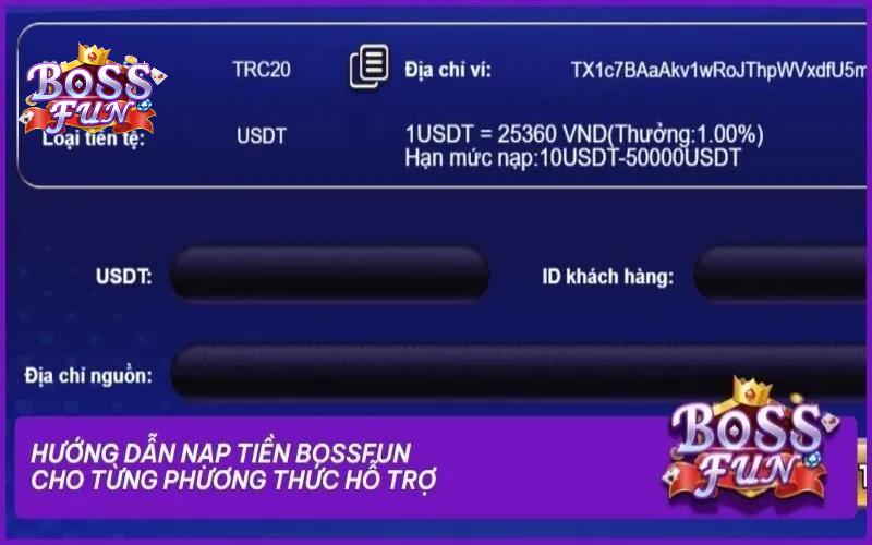 Nạp tiền vào cổng game với tiền ảo USDT (TRC20)